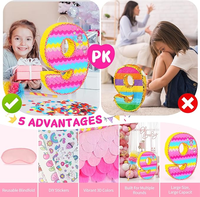 Number 9 Pinata for Birthday Party Decorations, Unicorn Mermaid Theme Pink - Image 7