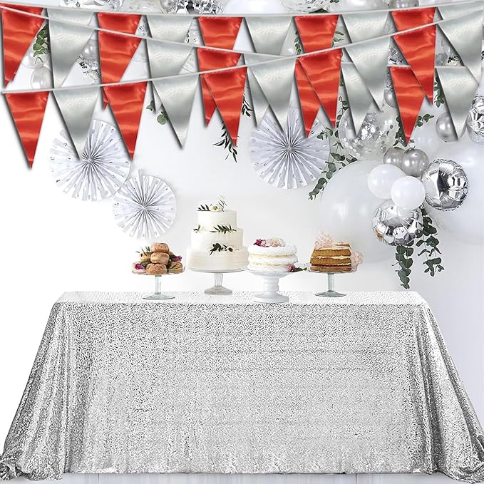 65FT Red Silver Triangle Pennant Banner Flag Metallic Fabric Bunting Garland - Image 3