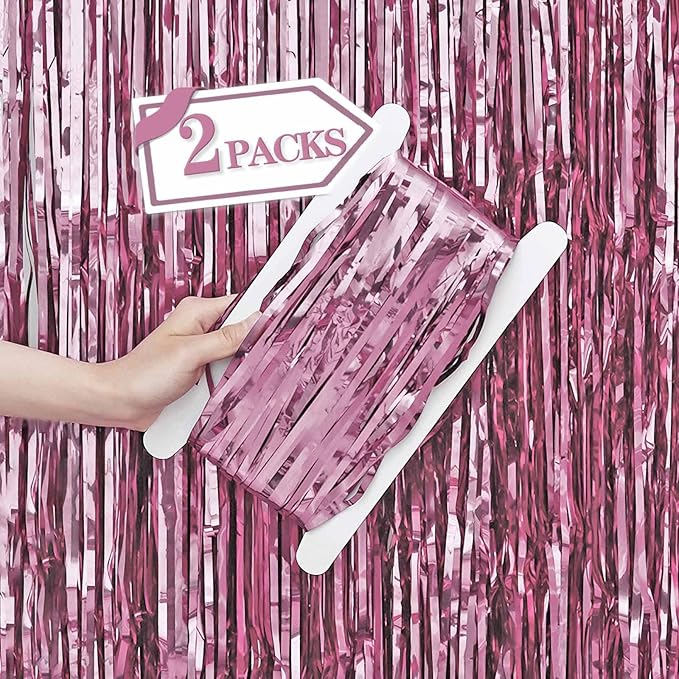 2 Pcs Pink Metallic Tinsel Foil Fringe Curtains Backdrop, 3.28 ft x 6.56 ft by VHUWE