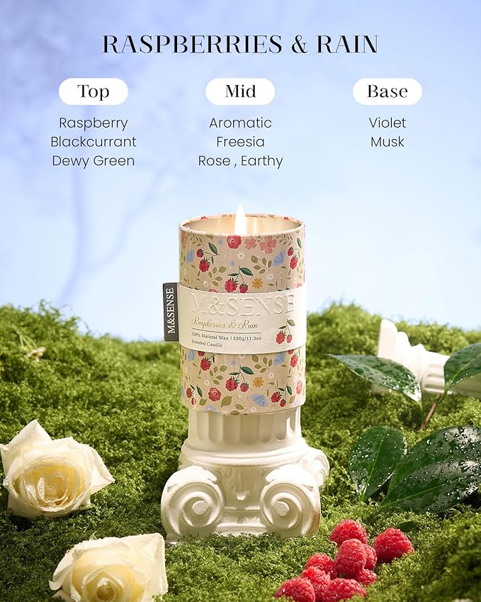 M&SENSE Raspberries Rain Scented Candle, Medium Jar Candle 11.3oz Natural Soy - Image 2