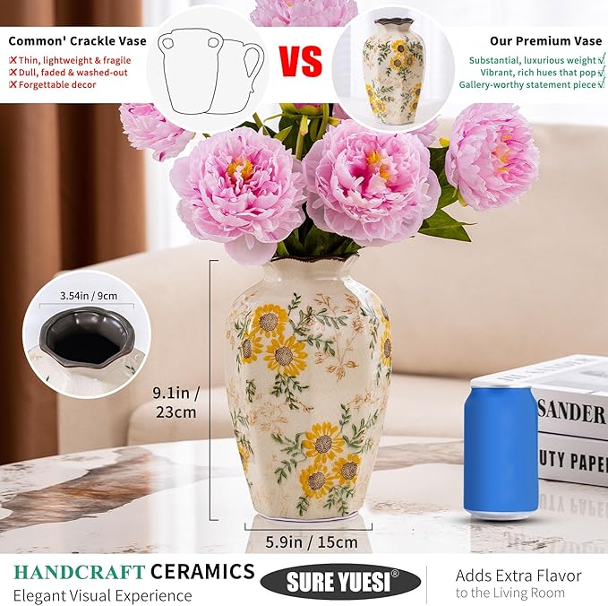 Hand-Painted Sunflower Vintage Ceramic Octagonal Vase, Fireplace Mantle - Image 3