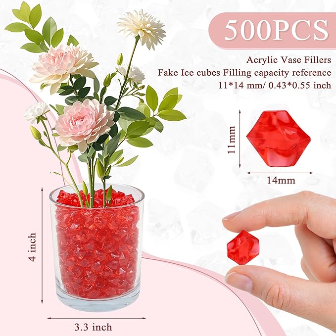 YATOJUZI 500pcs Fake Ice Cubes Red Acrylic Crushed Rocks Vase Fillers Plastic - Image 2