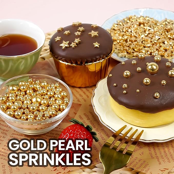 Gold Pearl Sprinkles for Cake Decorating, 150g/5.29oz, Mix Size, Edible Sugar - Image 4
