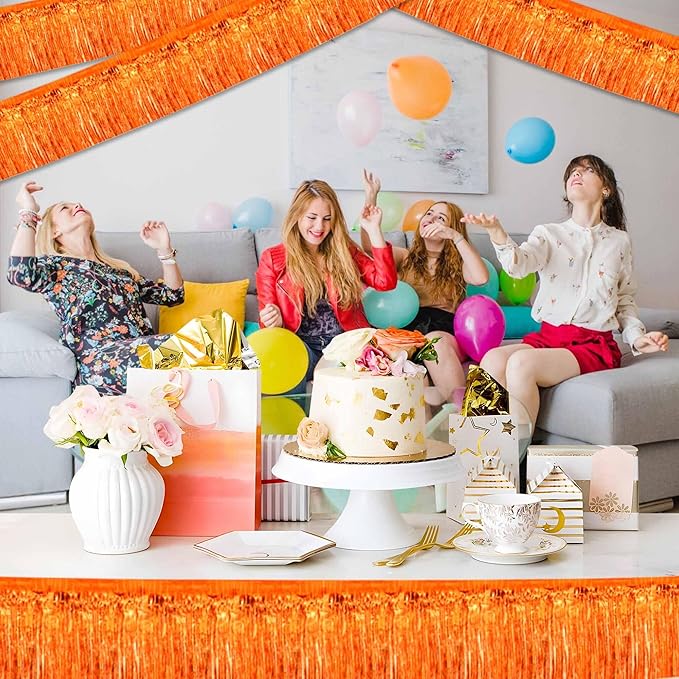 4 Pack 10 Ft Orange Foil Fringe Garland Metallic Streamers Tinsel Banner Wall - Image 5