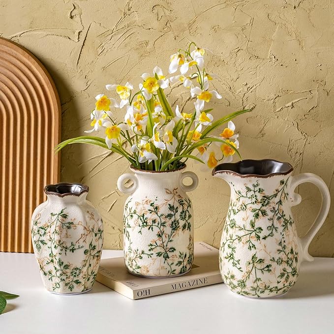 Ceramic Vases Set of 3, Farmhouse Vintage Floral Vase Home Decor by SUREYUESI