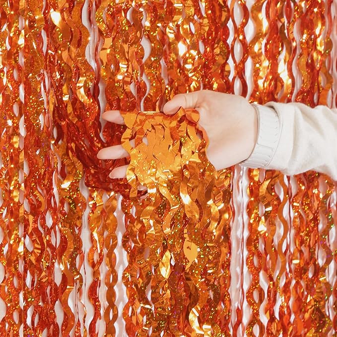 4 Pack Orange Wavy Metallic Tinsel Foil Fringe Curtains | 3.3 ft x 6.6 ft Party by KEEUH
