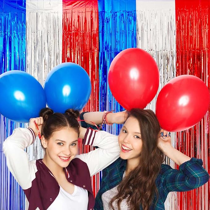 4th of July Decorations- 4 Pack of 3.2x8.2ft Red Silver Blue Tinsel Foil Fringe - Image 4