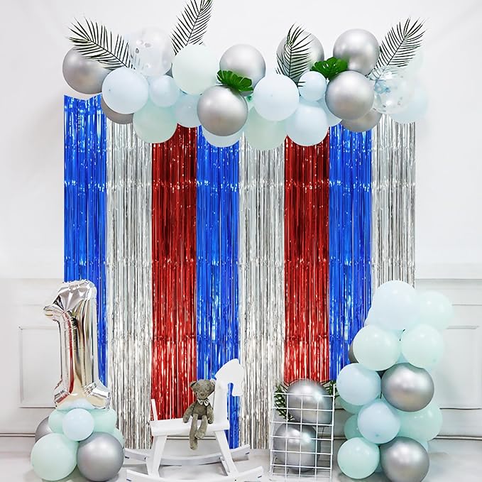 3 Pack 3.3 x 8.2 ft Blue Red Silver Foil Fringe Backdrop Curtains, Tinsel - Image 5