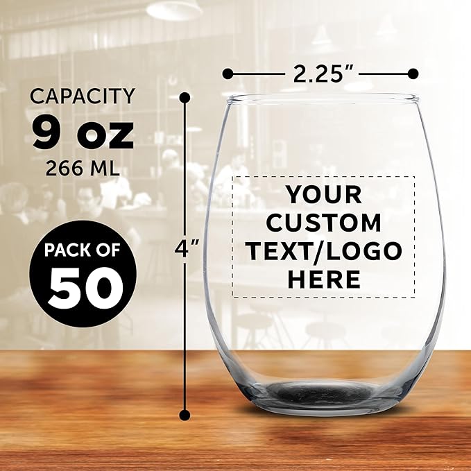 Custom Stemless Wine Glass 9 oz. Set of 50, Personalized Bulk Pack - Image 5