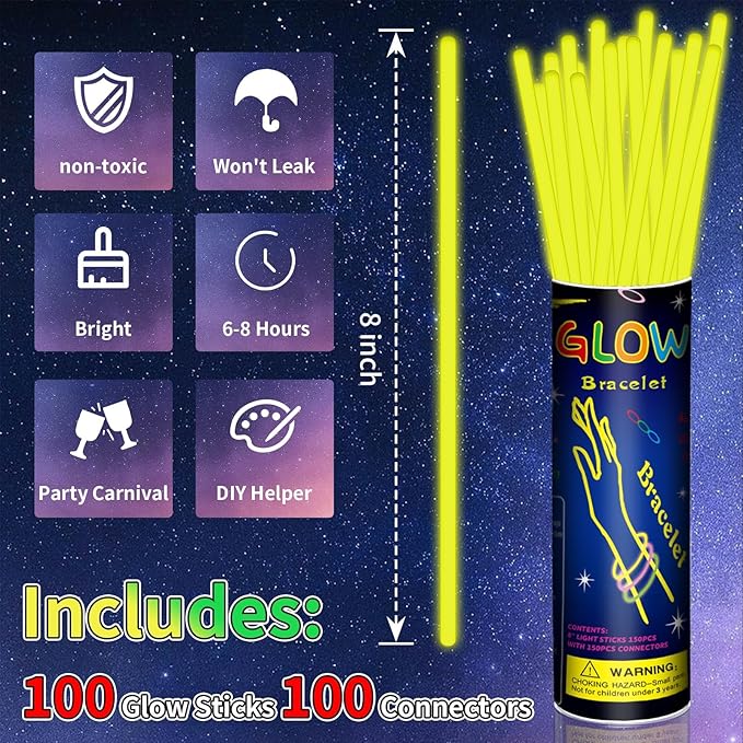100 Pack 8” Yellow Glow Sticks Bulk - Image 2