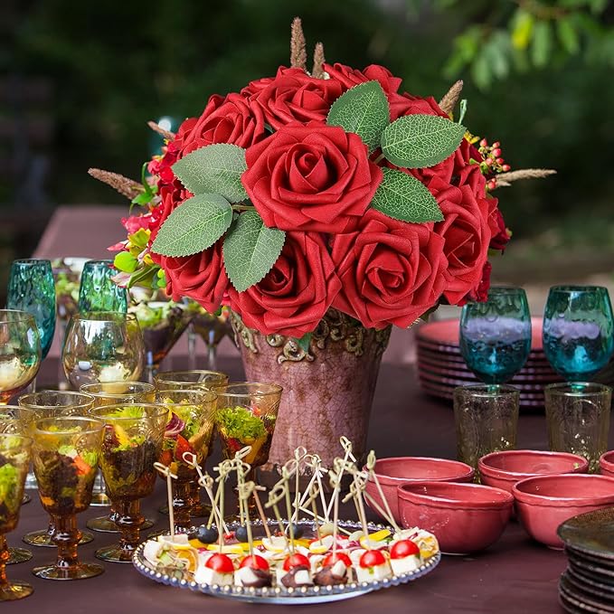 AmyHomie Artificial Flowers Red Rose 50pcs Real Looking Fake Roses w/Stem - Image 5