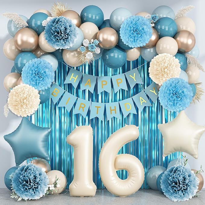 Dusty Blue 16th Birthday Party Decorations Boys Girls Beige Cream Number 16 by KAINSY