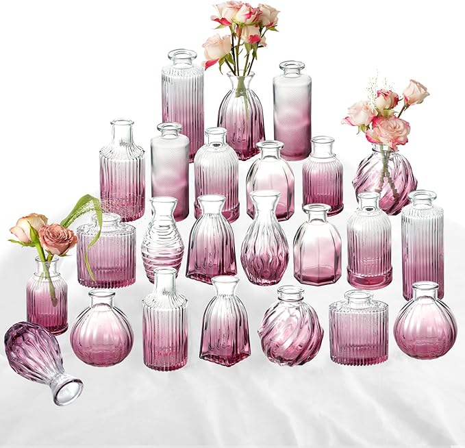 Bud Vases 24 in Bulk, Small Purple Vase Glass Vases by PHUNTTEK