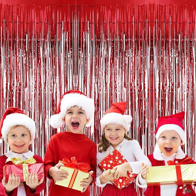 BTSD-home Red Foil Fringe Curtain, Metallic Photo Booth Backdrop Tinsel Door - Image 7