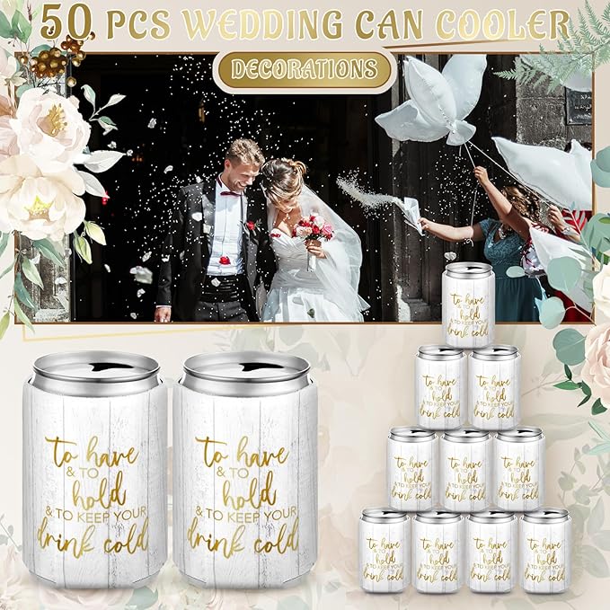 50 Pieces Wood Grain Wedding Can Cooler Sleeves Bulk Engagement Party Favors - Image 3