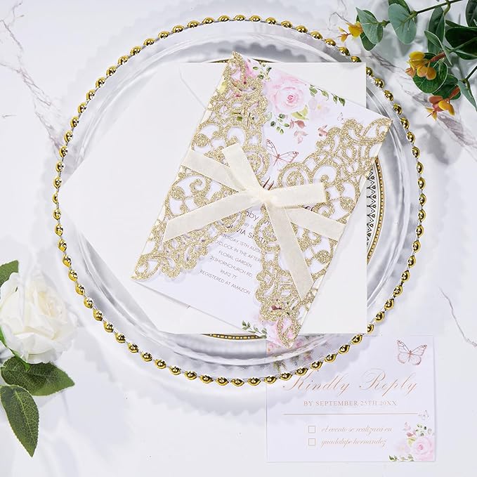 50Pcs Gold Glitter Laser Cut Wedding Invitation - Image 2