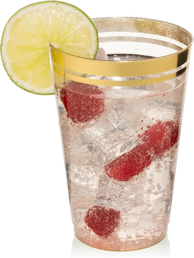 Perfect Settings 100 Premium 14oz Hard Plastic Cups Clear Glitter Gold Plastic - Image 2