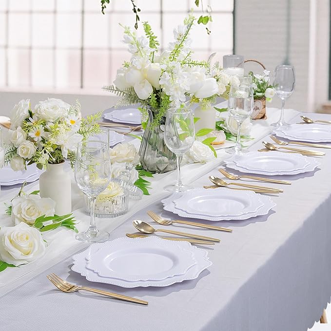COLOSUS 100pcs 9.5 Inch-White Plastic Dinner Plates, Fancy White Plastic Plates - Image 2
