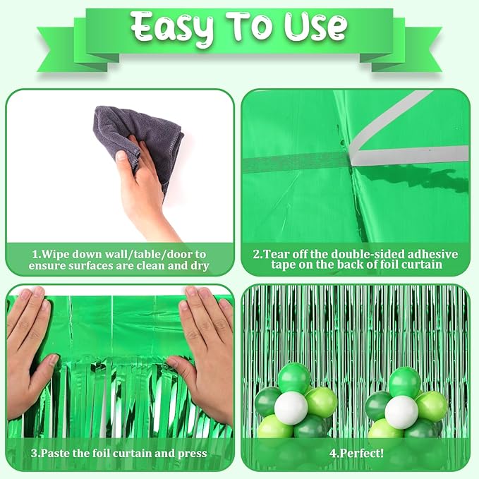 2 Pack Green Foil Fringe Backdrop Curtains, Tinsel Streamers Birthday Party - Image 4
