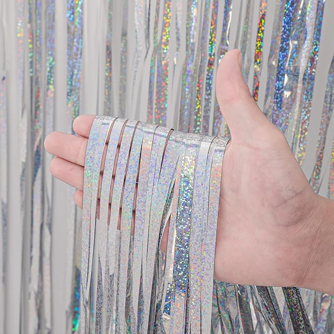 2 Pack Laser Silver Foil Fringe Backdrop Curtains, Tinsel Streamers Birthday - Image 2