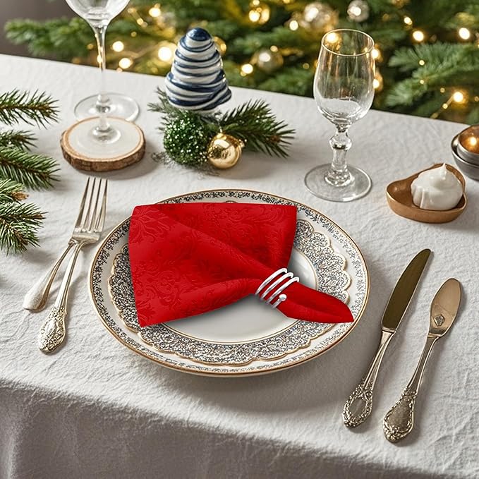 Christmas Red Jacquard Square Napkin, Damask Wrinkle Resistant Soft Polyester - Image 3