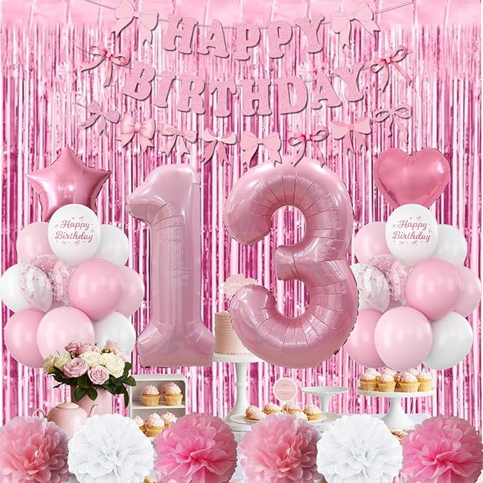 13th Birthday Decorations for Girls Pink Number 13 Balloon Bow Coquette Happy - Image 2