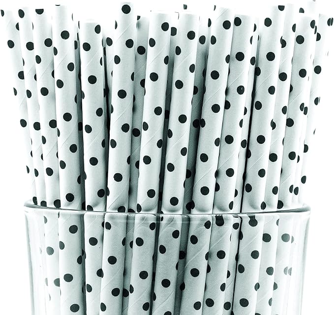 Pack of 900 Black Polka Dot Biodegradable 4-Ply Paper Drinking Straws by Stephanie+Imports