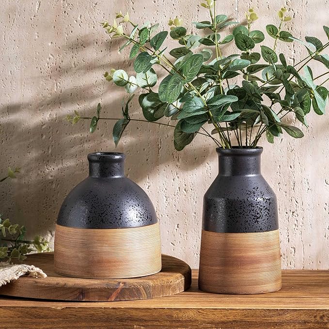 Black and Brown Rustic Farmhouse Floral Ceramic Striped Vase, Modern Antique - Image 6