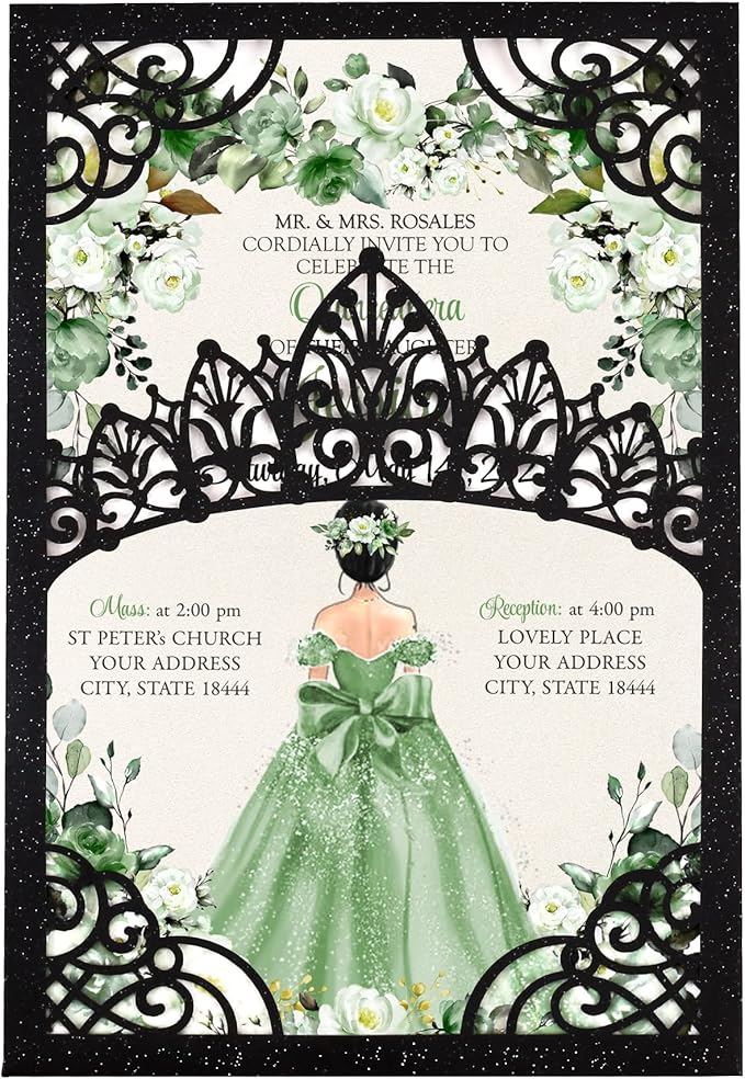 50Pcs Sage Green Crown Invitations by DreamBuilt