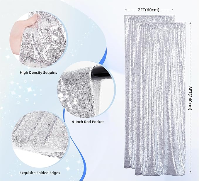 Silver Sequin Backdrop 2 Panels Christmas Party Backdrop Curtain, Glitter Photo - Image 2