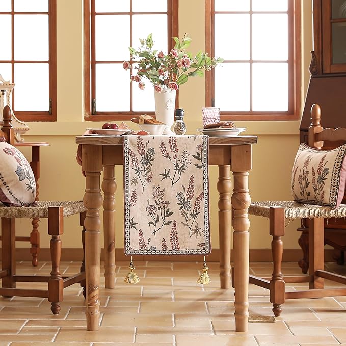 ISAENNE Designer Light Beige Linen Extra Long Table Runner 118 Inches, Vintage - Image 3