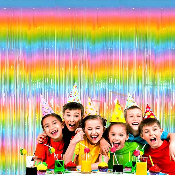 4 Pack Macaron Rainbow Foil Fringe Curtain Backdrop, 3.28Ft x 8.2Ft Metallic - Image 3