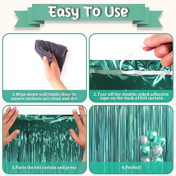 3 Pack 3.3 x 6.6 ft Dark Green Foil Fringe Backdrop Curtains, Tinsel Streamers - Image 4