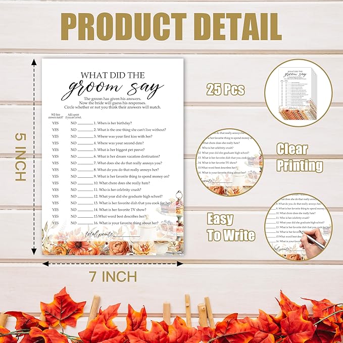 Fall Bridal Shower Games Cards, What The Groom Say Wedding Bachelorette Party - Image 2