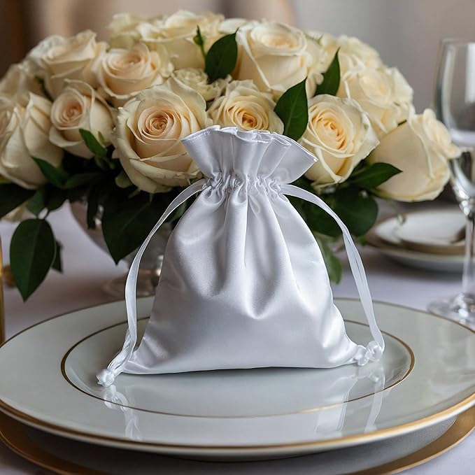 5" x 8" White Satin Gift Bags, Jewelry Bags, Wedding Favor Drawstring Baby - Image 5