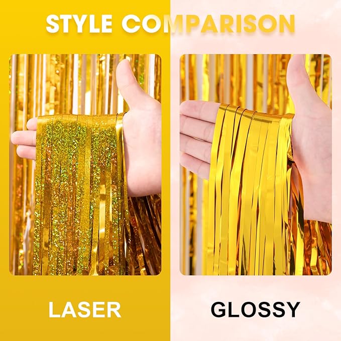 3 Pack 3.3 x 8.2 ft Laser Gold Foil Fringe Backdrop Curtains, Tinsel Streamers - Image 3