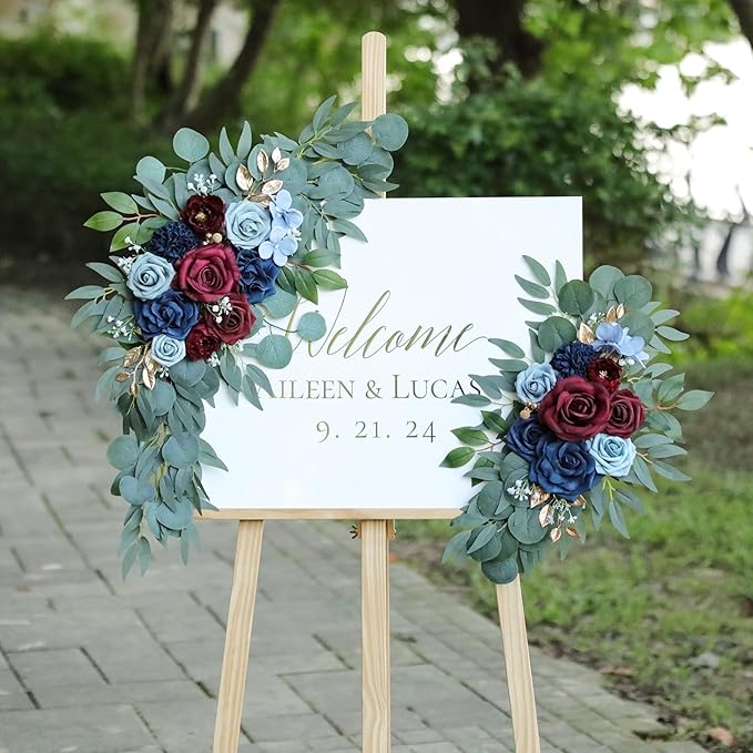 Artificial Navy Blue and Burgundy Wedding Arch Flower Swags Set of 2 - Image 2