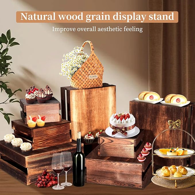 8 Pcs Buffet Risers with Mini Signs, Rustic Wood Cake Stands, Food Risers - Image 7