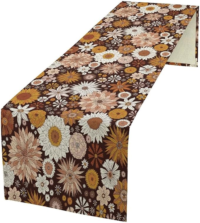 Boho Floral Table Runner, Vintage Country Farmhouse Daisy Flowers Modern by ICMOLYYENLO