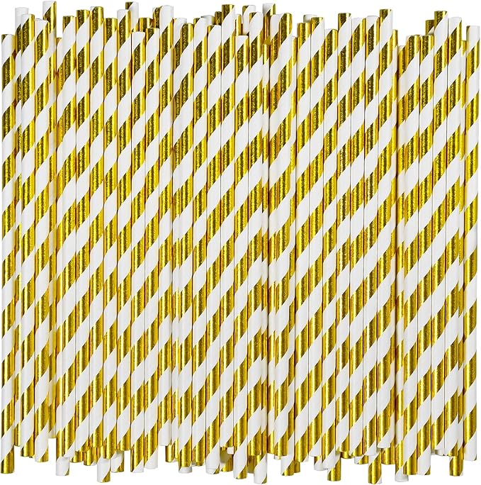 7.75 inch Gold/White Striped Paper Drinking Straws 1000 Counts by chunspak