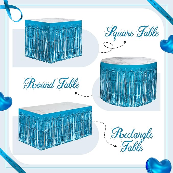 1 Pack Lake Blue Table Skirts, 29x108" Metallic Foil Tinsel Fringe Table Skirts - Image 4