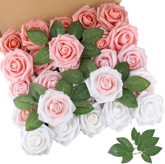 AmyHomie 25pcs Real Looking Artificial Shades of Blush Roses w/Stem by AmyHomie