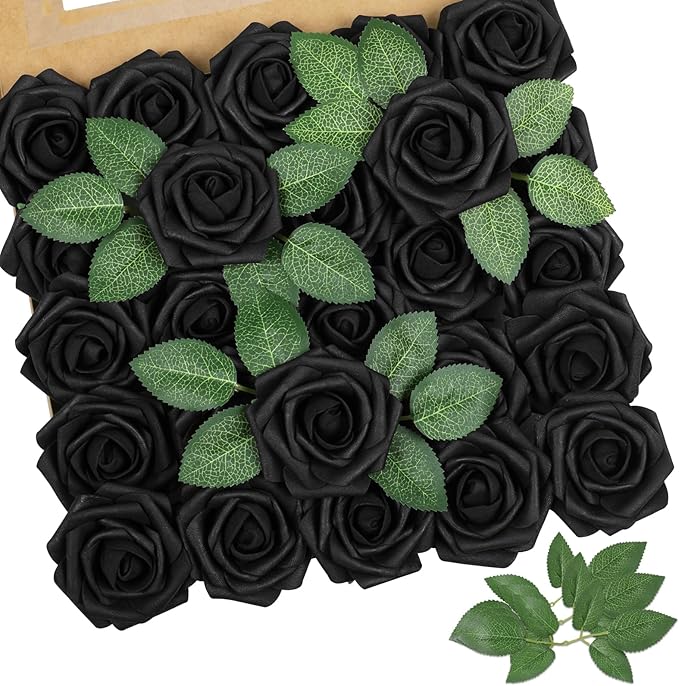 AmyHomie Artificial Flowers Black Rose 25pcs Real Looking Fake Roses w/Stem by AmyHomie