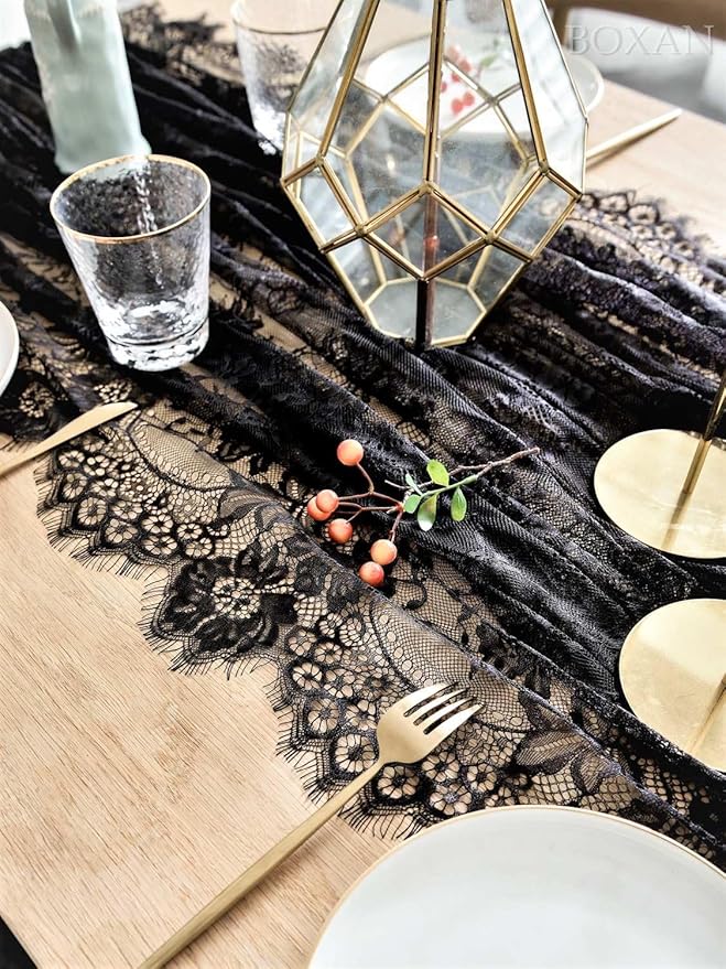 BOXAN Black Lace Tablecloth Overlay Rose Vintage Embroidered, Romantic Boho - Image 2