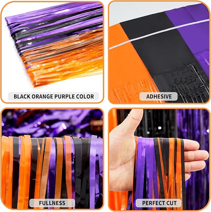 3 Pack Orange Purple Black Tinsel Foil Fringe Curtains, Halloween Photo - Image 3