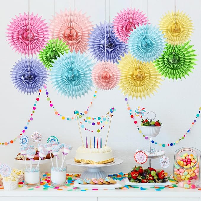 12PCS Paper Fans Pastel Rainbow Colorful Party Decorations Tissue Paper Flowers - Image 2