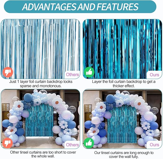 Crosize 2 Pack 3.3 x 9.9 ft Blue Foil Fringe Curtains Party Decorations - Image 3