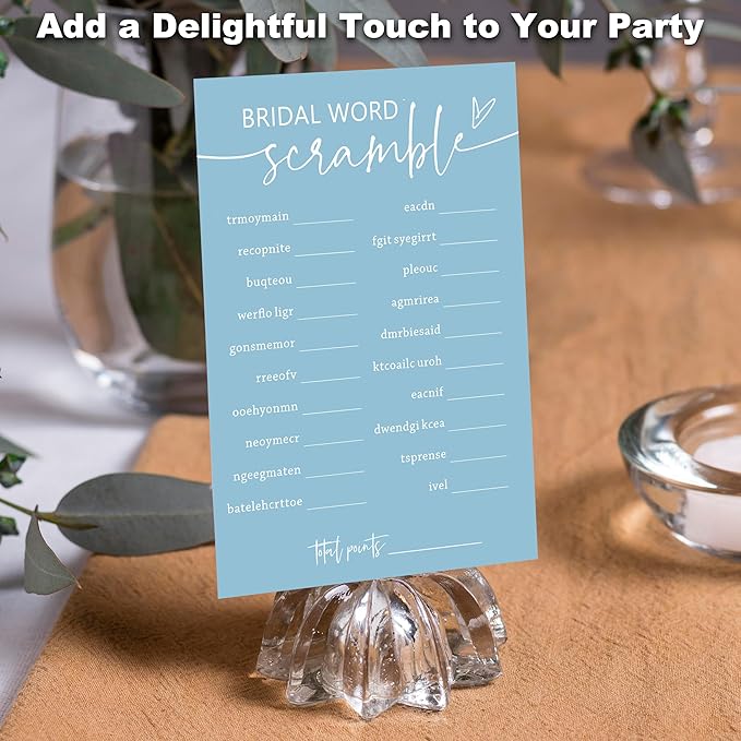 Minimalist Bridal Shower Games, 30 Light Blue Bridal Word Scramble Cards + 1 - Image 4
