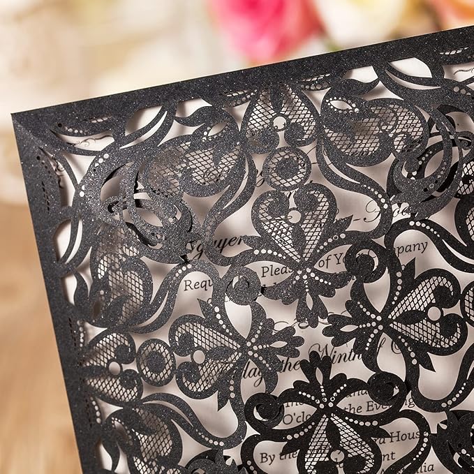 Hosmsua 50PCS Personalized Black Laser Cut Hollow Lace Rose Invitation Cards - Image 6