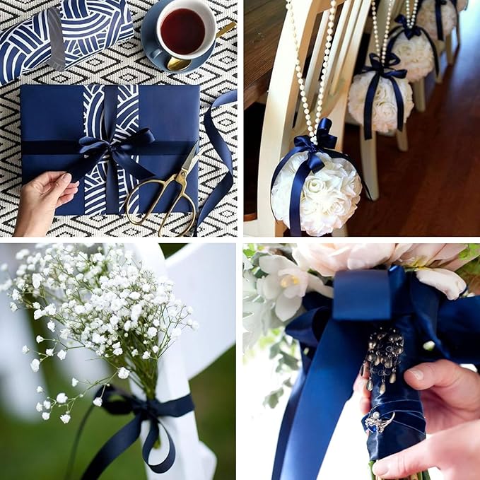 1" x 50 Yards Navy Blue Satin Ribbon Single Faced Fabric Ribbons - Image 3